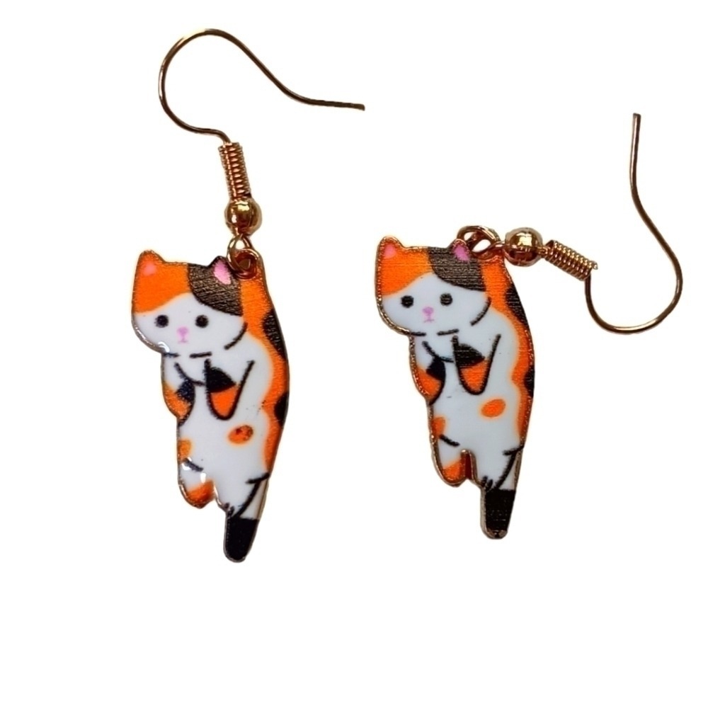 Cat Kitten drop dangle Earrings Calico Brown‎ Black White Gold Tone Metal NEW